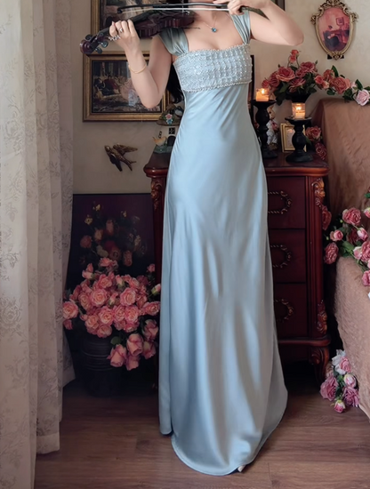 Glamorous Square Neck Prom Dress Blue Beading Satin A-Line Formal Dress GG7150