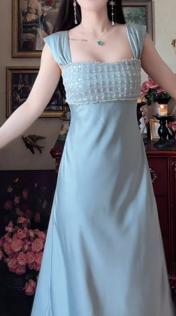 Glamorous Square Neck Prom Dress Blue Beading Satin A-Line Formal Dress GG7150