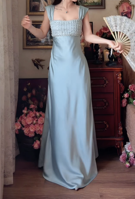 Glamorous Square Neck Prom Dress Blue Beading Satin A-Line Formal Dress GG7150