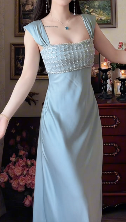 Glamorous Square Neck Prom Dress Blue Beading Satin A-Line Formal Dress GG7150