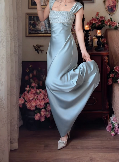Glamorous Square Neck Prom Dress Blue Beading Satin A-Line Formal Dress GG7150