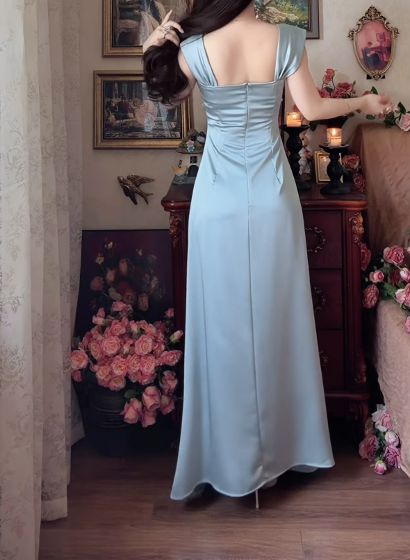 Glamorous Square Neck Prom Dress Blue Beading Satin A-Line Formal Dress GG7150