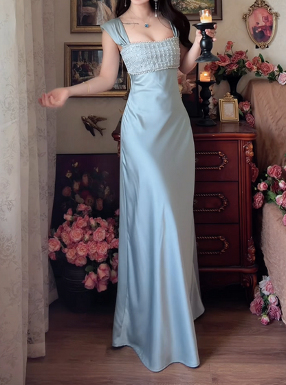 Glamorous Square Neck Prom Dress Blue Beading Satin A-Line Formal Dress GG7150