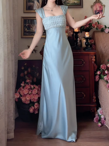 Glamorous Square Neck Prom Dress Blue Beading Satin A-Line Formal Dress GG7150