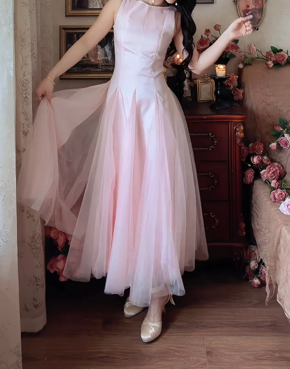 Sweet Jewel Neck Prom Dress Pink Tulle A-Line Formal Dress GG7151