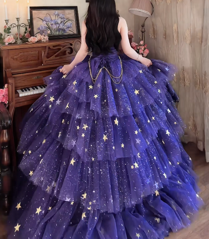 Shiny Strapless Purple Tiered Prom Dress Sequins Slit Tulle A-Line Formal Dress GG7152