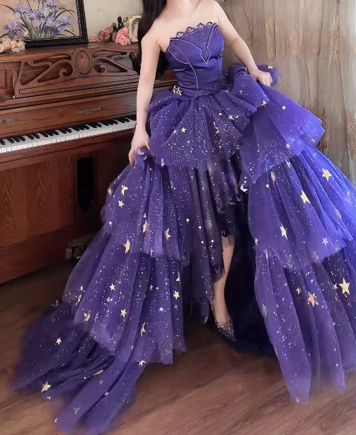 Shiny Strapless Purple Tiered Prom Dress Sequins Slit Tulle A-Line Formal Dress GG7152