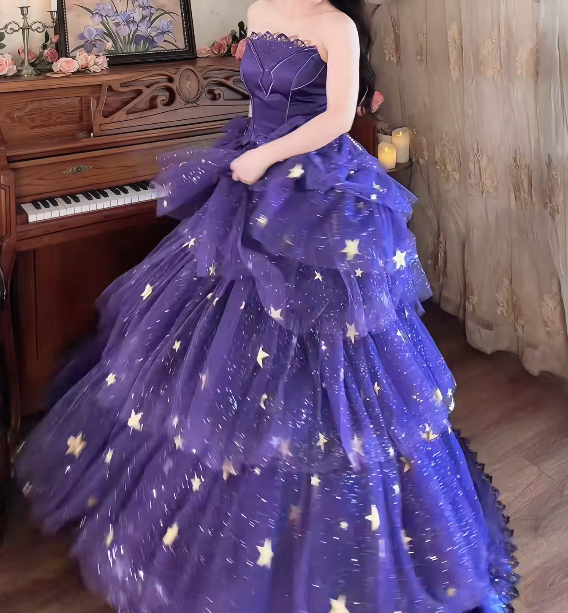 Shiny Strapless Purple Tiered Prom Dress Sequins Slit Tulle A-Line Formal Dress GG7152