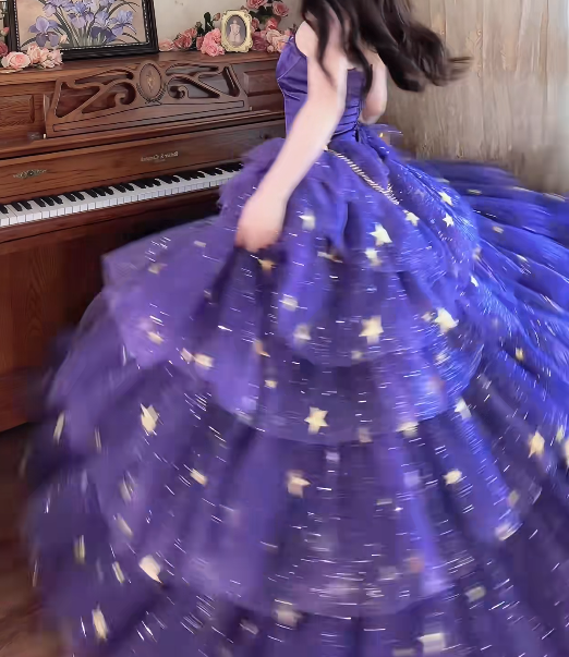 Shiny Strapless Purple Tiered Prom Dress Sequins Slit Tulle A-Line Formal Dress GG7152