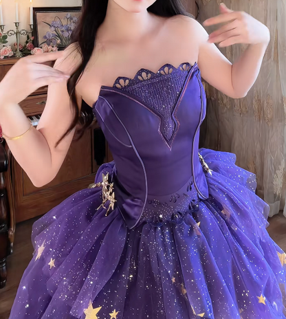 Shiny Strapless Purple Tiered Prom Dress Sequins Slit Tulle A-Line Formal Dress GG7152