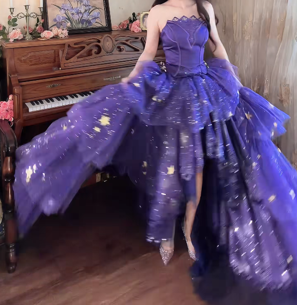 Shiny Strapless Purple Tiered Prom Dress Sequins Slit Tulle A-Line Formal Dress GG7152