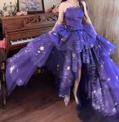 Shiny Strapless Purple Tiered Prom Dress Sequins Slit Tulle A-Line Formal Dress GG7152
