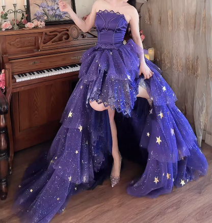 Shiny Strapless Purple Tiered Prom Dress Sequins Slit Tulle A-Line Formal Dress GG7152