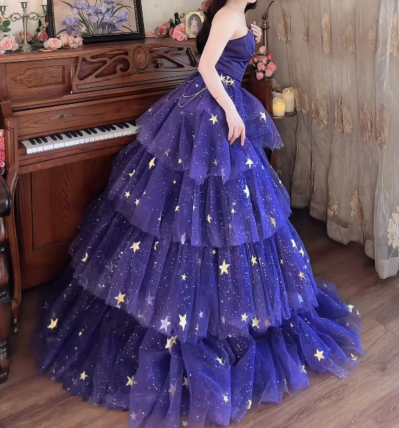 Shiny Strapless Purple Tiered Prom Dress Sequins Slit Tulle A-Line Formal Dress GG7152