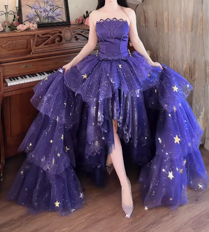 Shiny Strapless Purple Tiered Prom Dress Sequins Slit Tulle A-Line Formal Dress GG7152