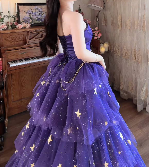 Shiny Strapless Purple Tiered Prom Dress Sequins Slit Tulle A-Line Formal Dress GG7152