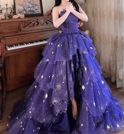 Shiny Strapless Purple Tiered Prom Dress Sequins Slit Tulle A-Line Formal Dress GG7152