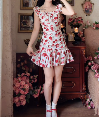 Adorable Square Neck Homecoming Dress Floral Ruffles Sheath Birthday Dress GG7153