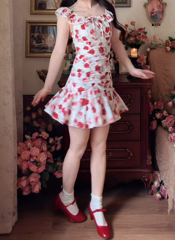 Adorable Square Neck Homecoming Dress Floral Ruffles Sheath Birthday Dress GG7153