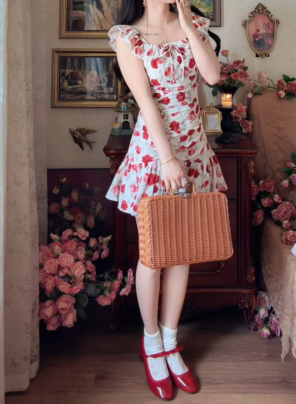 Adorable Square Neck Homecoming Dress Floral Ruffles Sheath Birthday Dress GG7153