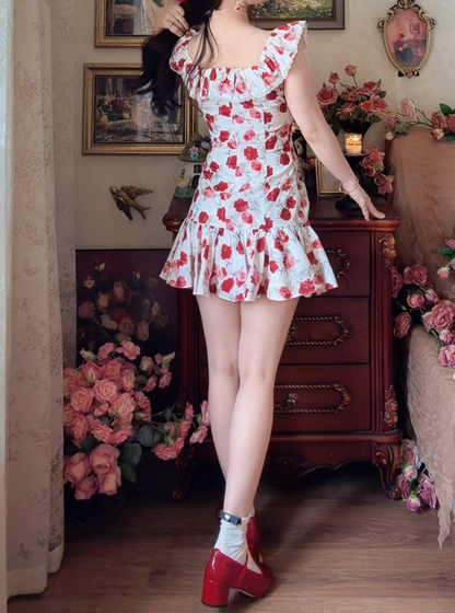 Adorable Square Neck Homecoming Dress Floral Ruffles Sheath Birthday Dress GG7153