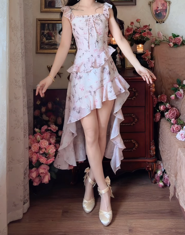 Lovely Square Neck Homecoming Dress Floral Ruffles A-Line Birthday Dress GG7154