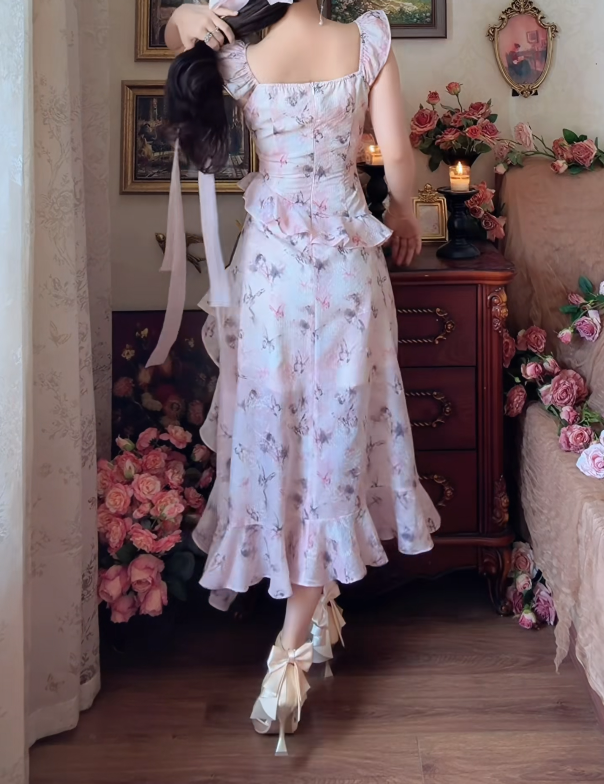Lovely Square Neck Homecoming Dress Floral Ruffles A-Line Birthday Dress GG7154