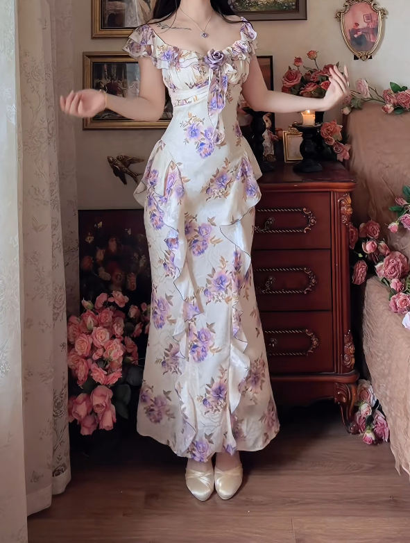 Classical Square Neck Prom Dress Purple Floral Ruffles Mermaid Formal Dress GG7155