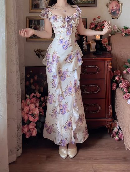 Classical Square Neck Prom Dress Purple Floral Ruffles Mermaid Formal Dress GG7155