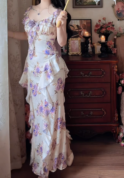Classical Square Neck Prom Dress Purple Floral Ruffles Mermaid Formal Dress GG7155