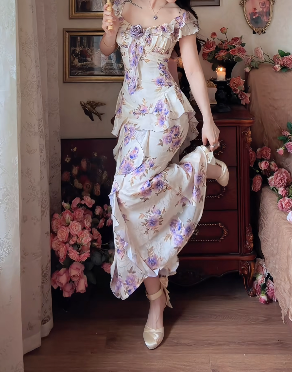 Classical Square Neck Prom Dress Purple Floral Ruffles Mermaid Formal Dress GG7155
