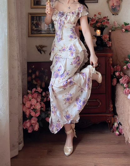 Classical Square Neck Prom Dress Purple Floral Ruffles Mermaid Formal Dress GG7155