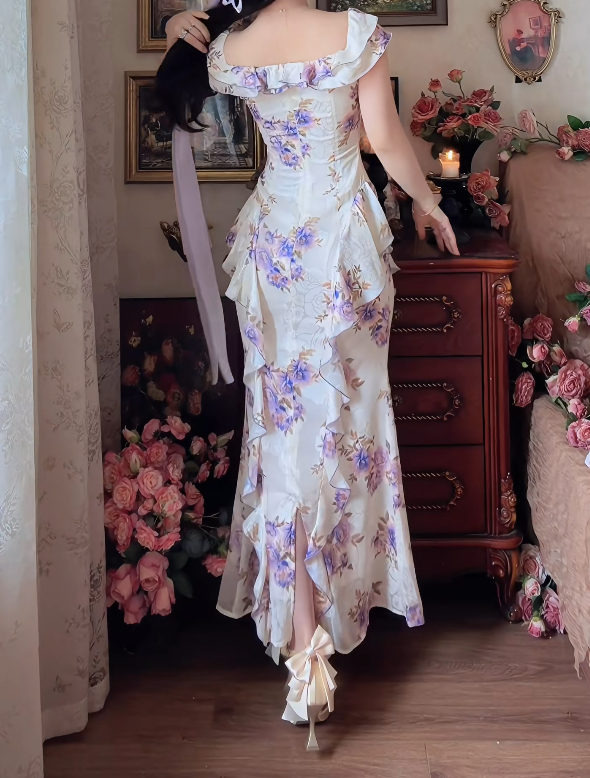 Classical Square Neck Prom Dress Purple Floral Ruffles Mermaid Formal Dress GG7155