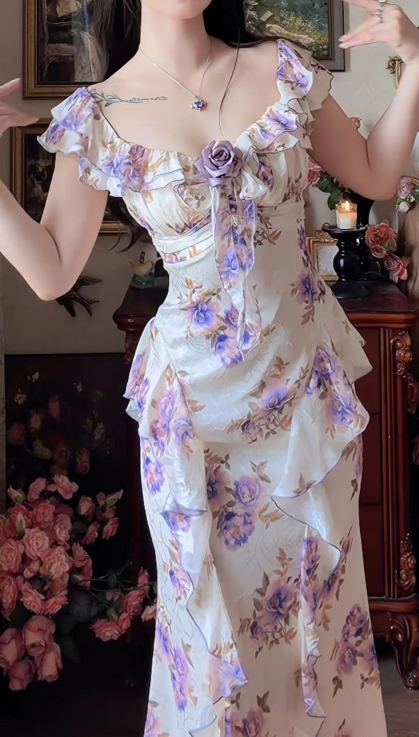 Classical Square Neck Prom Dress Purple Floral Ruffles Mermaid Formal Dress GG7155