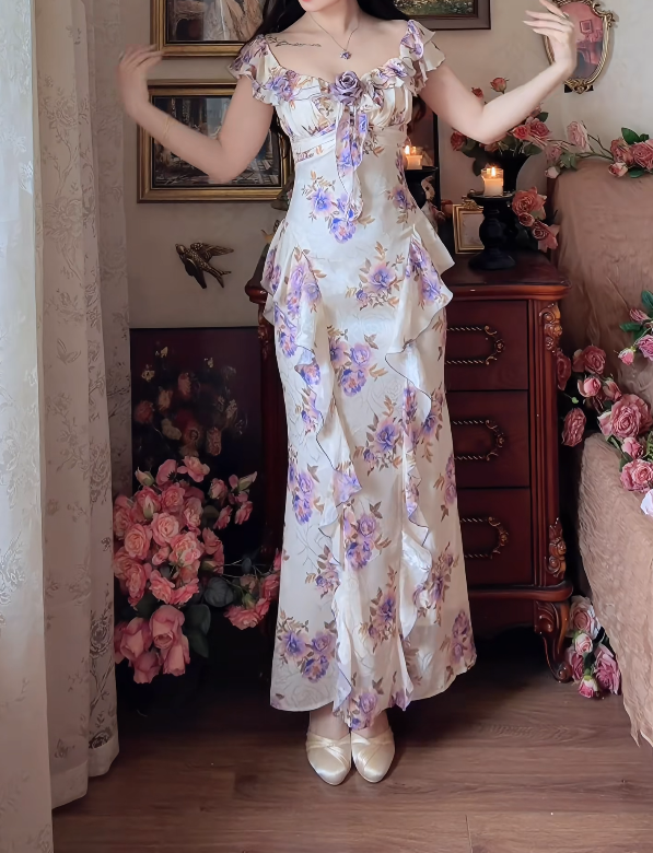Classical Square Neck Prom Dress Purple Floral Ruffles Mermaid Formal Dress GG7155