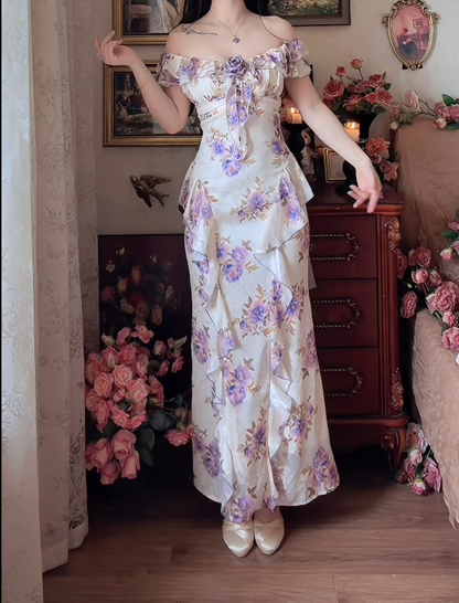 Classical Square Neck Prom Dress Purple Floral Ruffles Mermaid Formal Dress GG7155