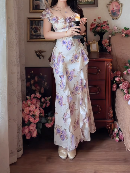 Classical Square Neck Prom Dress Purple Floral Ruffles Mermaid Formal Dress GG7155