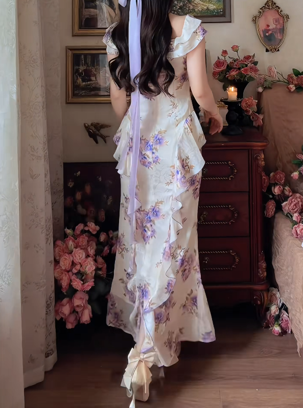 Classical Square Neck Prom Dress Purple Floral Ruffles Mermaid Formal Dress GG7155