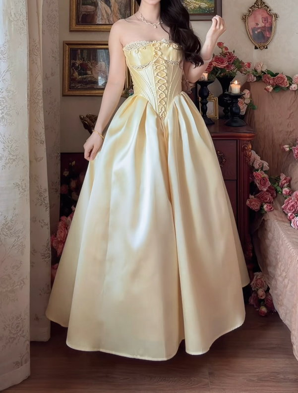 Elegant Strapless Yellow Prom Dress Lace Satin A-Line Formal Dress GG7156