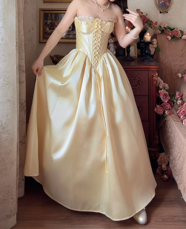 Elegant Strapless Yellow Prom Dress Lace Satin A-Line Formal Dress GG7156