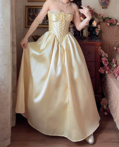 Elegant Strapless Yellow Prom Dress Lace Satin A-Line Formal Dress GG7156