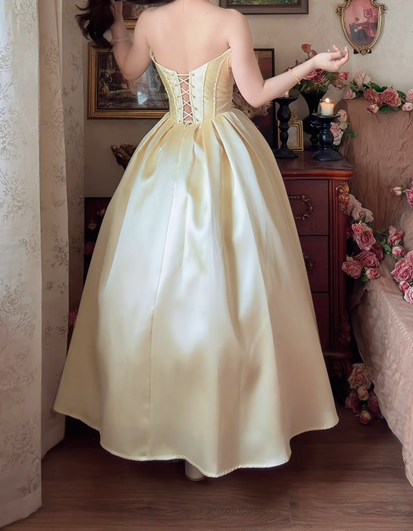 Elegant Strapless Yellow Prom Dress Lace Satin A-Line Formal Dress GG7156