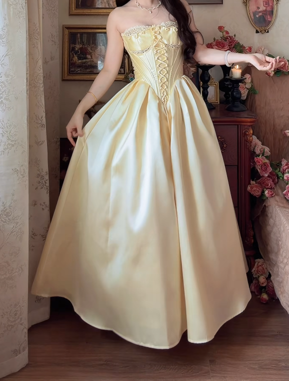 Elegant Strapless Yellow Prom Dress Lace Satin A-Line Formal Dress GG7156
