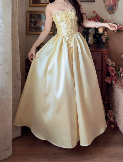 Elegant Strapless Yellow Prom Dress Lace Satin A-Line Formal Dress GG7156