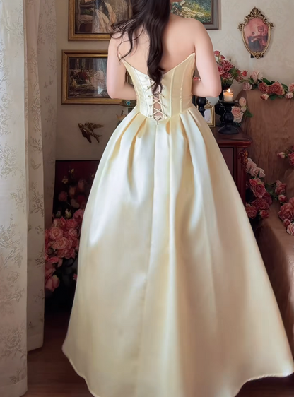 Elegant Strapless Yellow Prom Dress Lace Satin A-Line Formal Dress GG7156