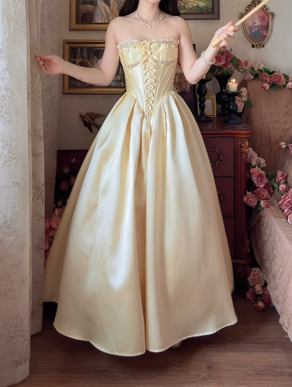 Elegant Strapless Yellow Prom Dress Lace Satin A-Line Formal Dress GG7156