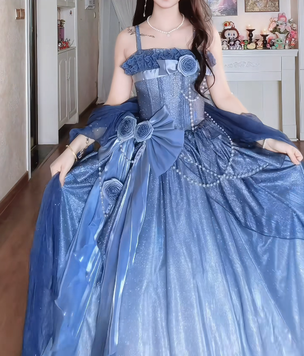Unique Spaghetti Straps Floral Prom Dress Blue Sequins A-Line Formal Dress GG7157