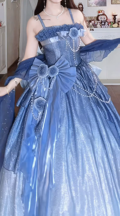 Unique Spaghetti Straps Floral Prom Dress Blue Sequins A-Line Formal Dress GG7157