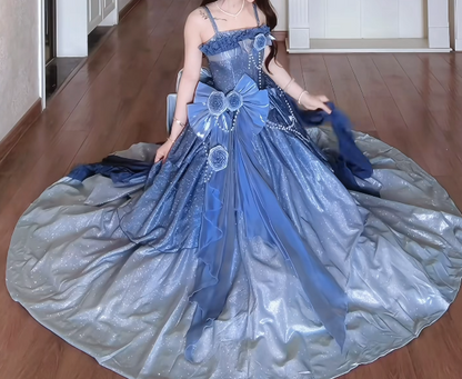 Unique Spaghetti Straps Floral Prom Dress Blue Sequins A-Line Formal Dress GG7157