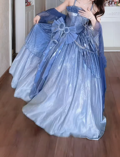 Unique Spaghetti Straps Floral Prom Dress Blue Sequins A-Line Formal Dress GG7157